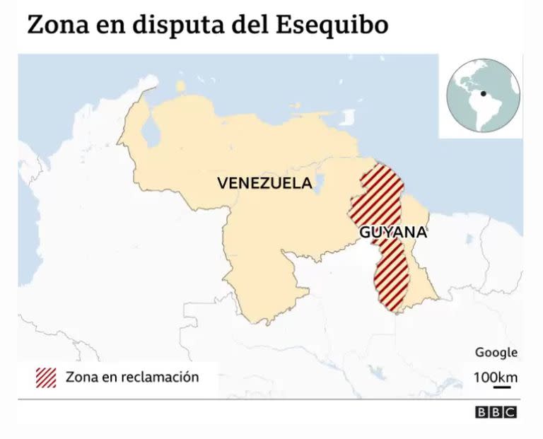 El mapa de la zona en disputa entre Venezuela y Guyana