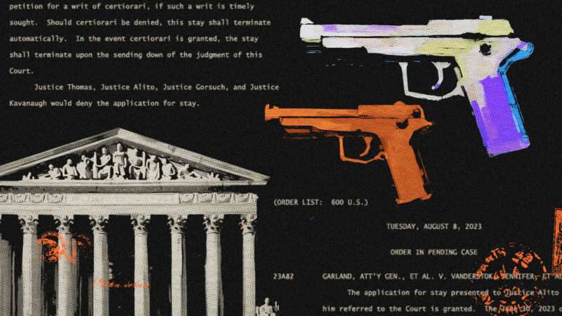 Supreme Court building in one corner with text from legal documents and tinted guns