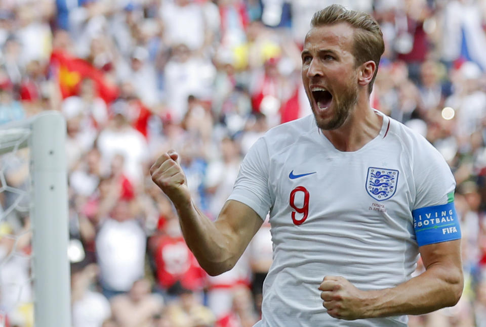 <p>England’s Harry Kane celebrates </p>