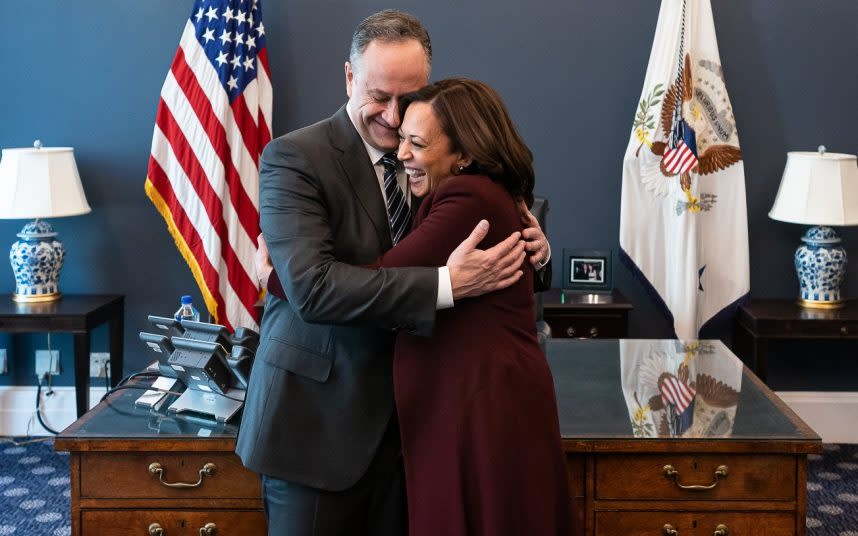 The pair embrace in a picture shared online yesterday - KAMALA HARRIS/TWITTER