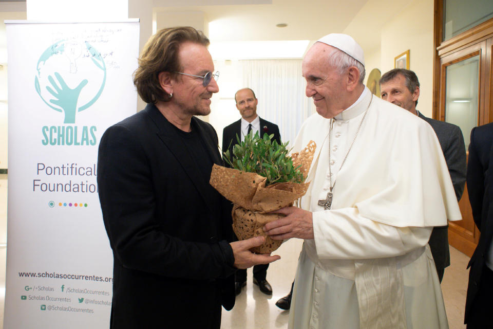 Bono and Francis had a wide-ranging conversation at the Vatican. (Photo: Vatican Media / Reuters)