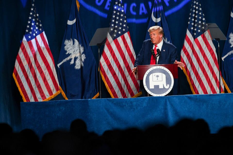 Former president Donald Trump speaks during the 56th annual Silver Elephant Gala, where he is the keynote speaker, at the South Carolina State Fairgrounds in Columbia, S.C., on Saturday, Aug. 5, 2023.