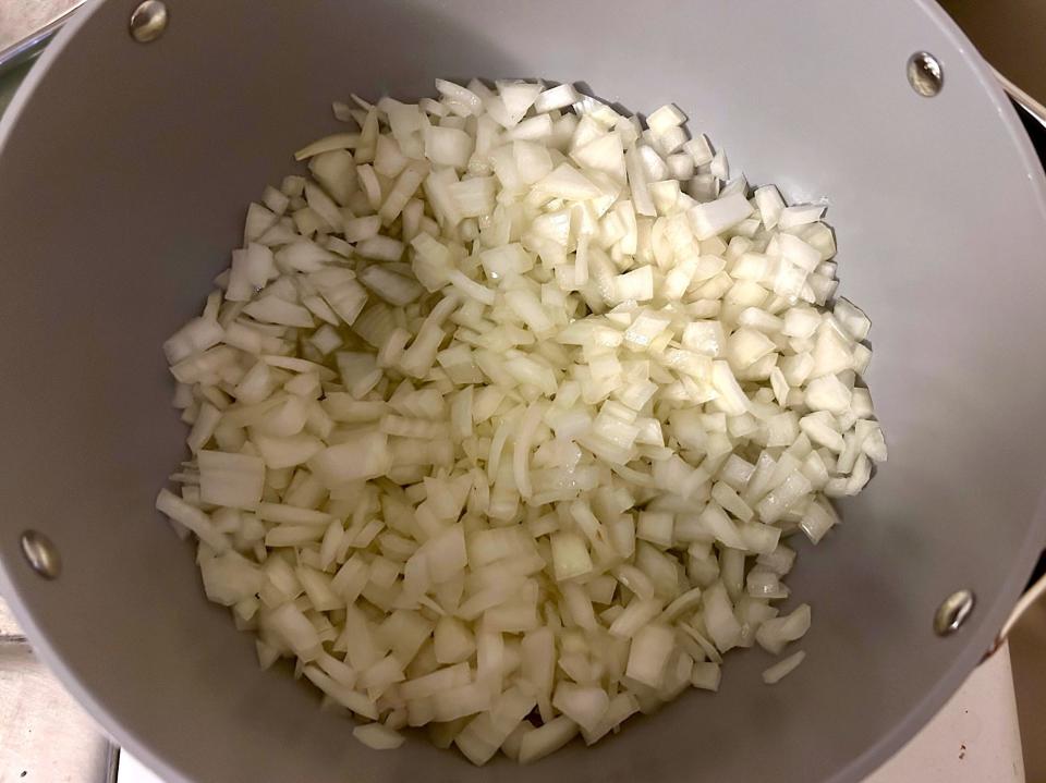 Onions in pan for Ina Garten's Chicken Chili