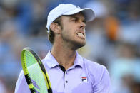 Sam Querrey, of the United States,s reacts during against Kei Nishikori, of Japan, at the Citi Open tennis tournament Monday, Aug. 2, 2021, in Washington. (AP Photo/Nick Wass)