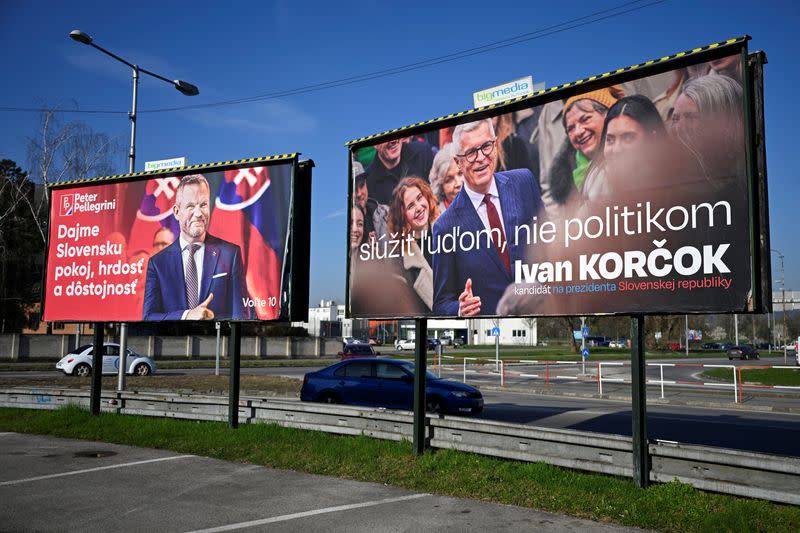 Election posters ahead of Slovak presidential election, in Trencin