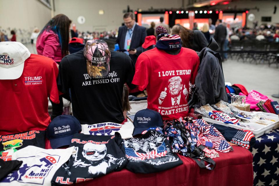 Trump merchandise is being sold during the MIGOP State Convention at the DeVos Place in Grand Rapids on April 23, 2022.