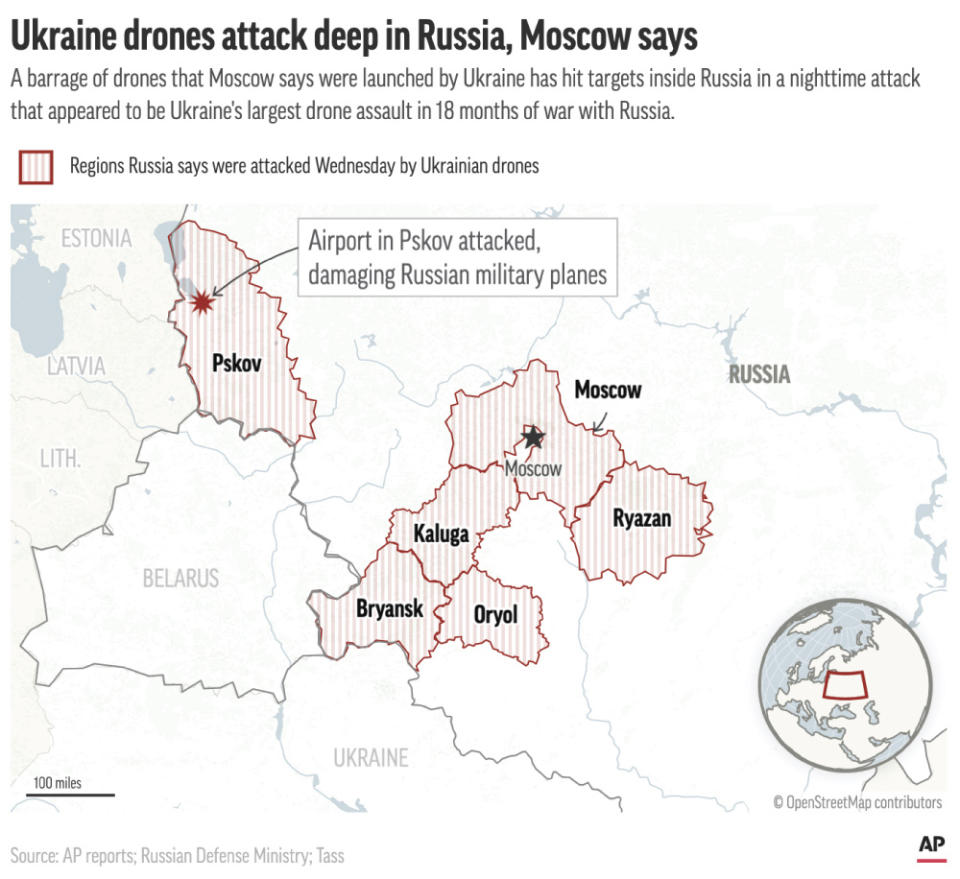 Drones that Moscow says were launched by Ukraine against Russian targets penetrated deep into Russian territory Wednesday. (AP Digital Embed)