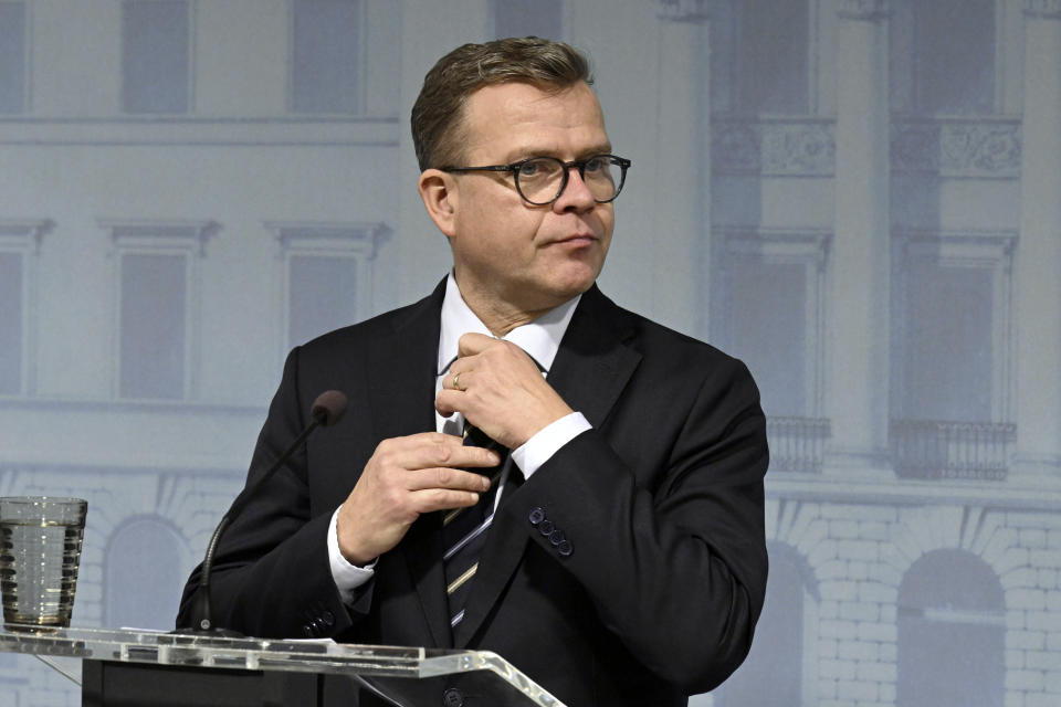 Finnish Prime Minister Petteri Orpo meets the media in Helsinki, Finland, Tuesday, Oct. 10, 2023. Finnish and Estonian gas system operators on Sunday said they noted an unusual drop in pressure in the Balticconnector pipeline after which they shut down the gas flow. The Finnish government on Tuesday said there was damage both to the gas pipeline and to a telecommunications cable between the two NATO countries. (Jussi Nukari/Lehtikuva via AP)