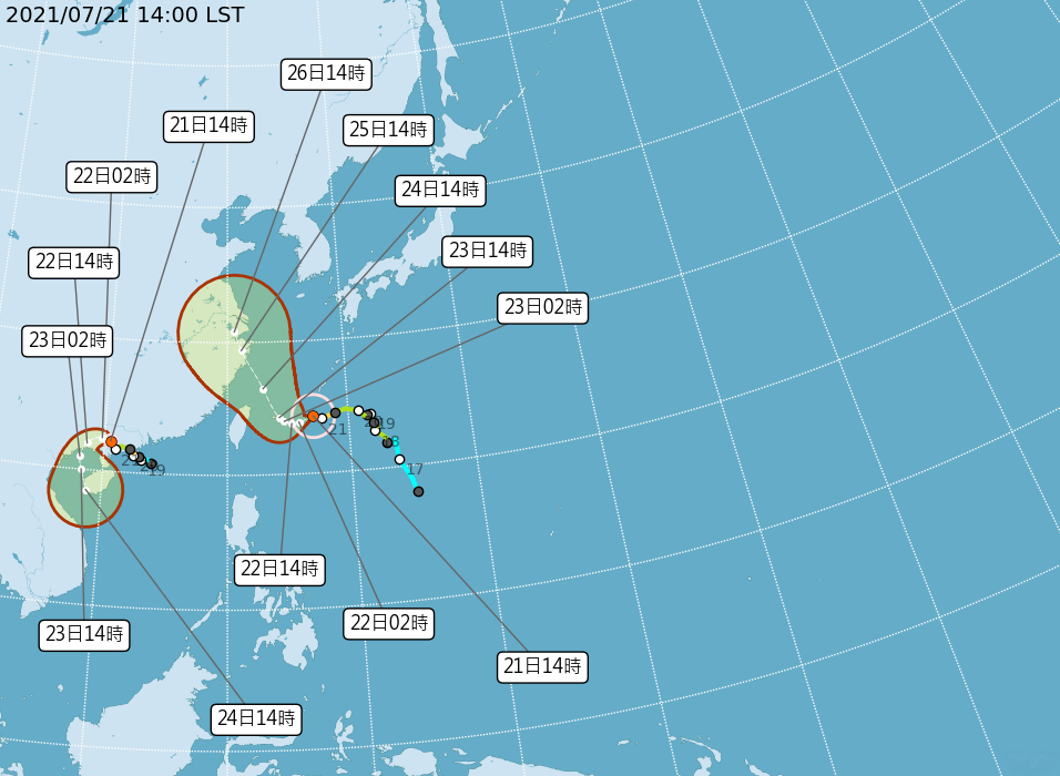 中央氣象局研判，未來「烟花」在持續朝西移動的過程中，強度還會持續增強；不過海上颱風警報已確定在21日晚間8時30分發布、陸上颱風警報也預估在22日發布。(圖：中央氣象局)