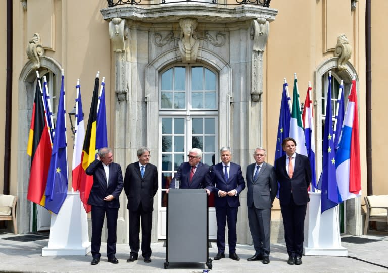 (From L) Foreign ministers of Luxembourg - Jean Asselborn, Italy - Paolo Gentiloni, Germany - Frank-Walter Steinmeier, Belgium - Didier Reynders, France - Jean-Marc Ayrault and the Netherlands - Bert Koenders, speak in Berlin, on June 25, 2016