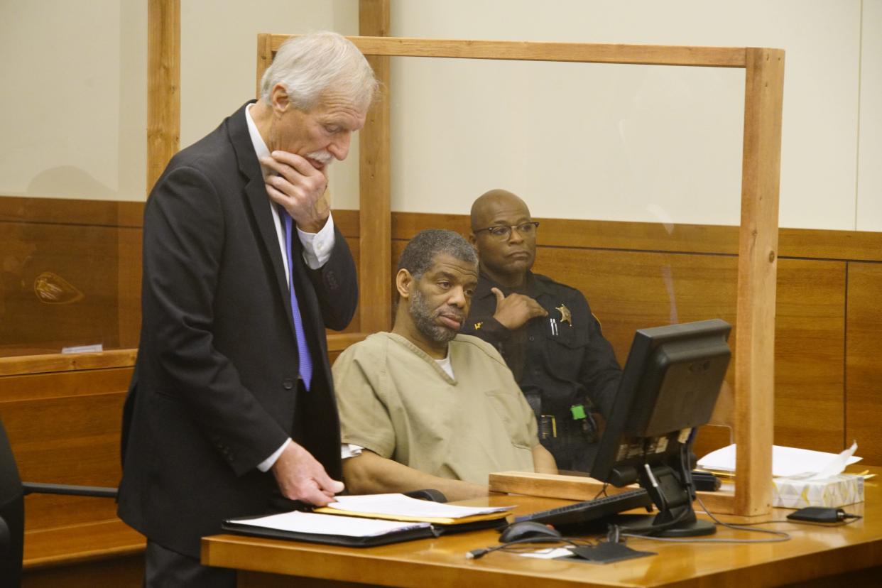 Samuel Lee Edwards (center), 52, of Columbus' Near East Side appeared in Franklin County Common Pleas Court on Wednesday afternoon with his defense attorney Jim Gilbert (standing at left). Edwards received a nine-year prison sentence for drug charges after prosecutors dropped charges related to human trafficking.