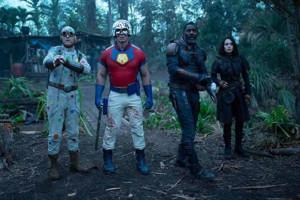 Polka-Dot Man (David Dastmalchian, from left), Peacemaker (John Cena), Bloodsport (Idris Elba) and Ratcatcher 2 (Daniela Melchior) are the newcomers to Task Force X in James Gunn's "The Suicide Squad."
