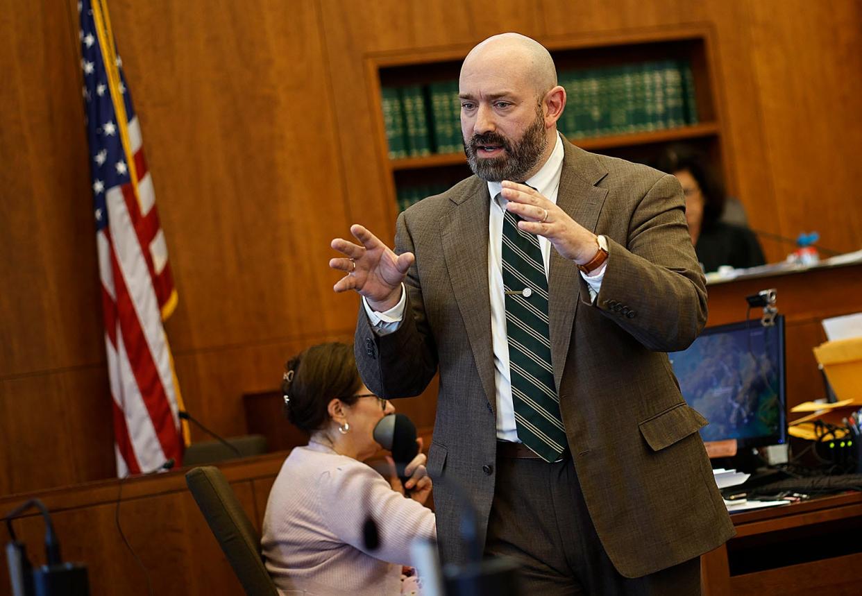 Defense attorney Joshua Wood makes his closing statement to the jury before deliberations.
The Christina Rica murder trail goes to the jury. Ricci is accused of stabbing her husband Michael to death in 2021 at their Marshfield home. Thursday August 1, 2024