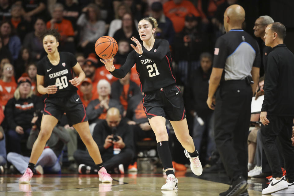 Stanford forward Brooke Demetre (21) passes the ball against Oregon State during the first half of an NCAA college basketball game Thursday, Feb. 29, 2024, in Corvallis, Ore. (AP Photo/Amanda Loman)