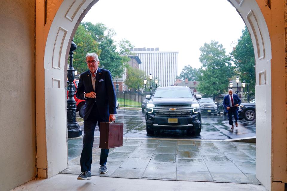 Gov. Phil Murphy walks into the New Jersey State House on Sept. 26, 2023, in Trenton.