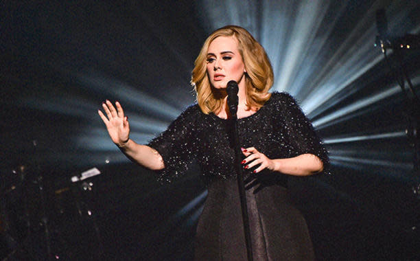 Adele wearing a black Jenny Packham dress performing “Hello” at the NRJ Awards in Cannes, France. 