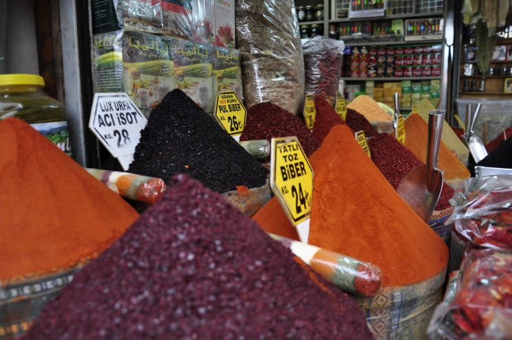 A variety of tomato or pepper-based spices at the Spice Bazaar. These are the foundation of most Turkish food. [Photo: Erica Rae Chong]