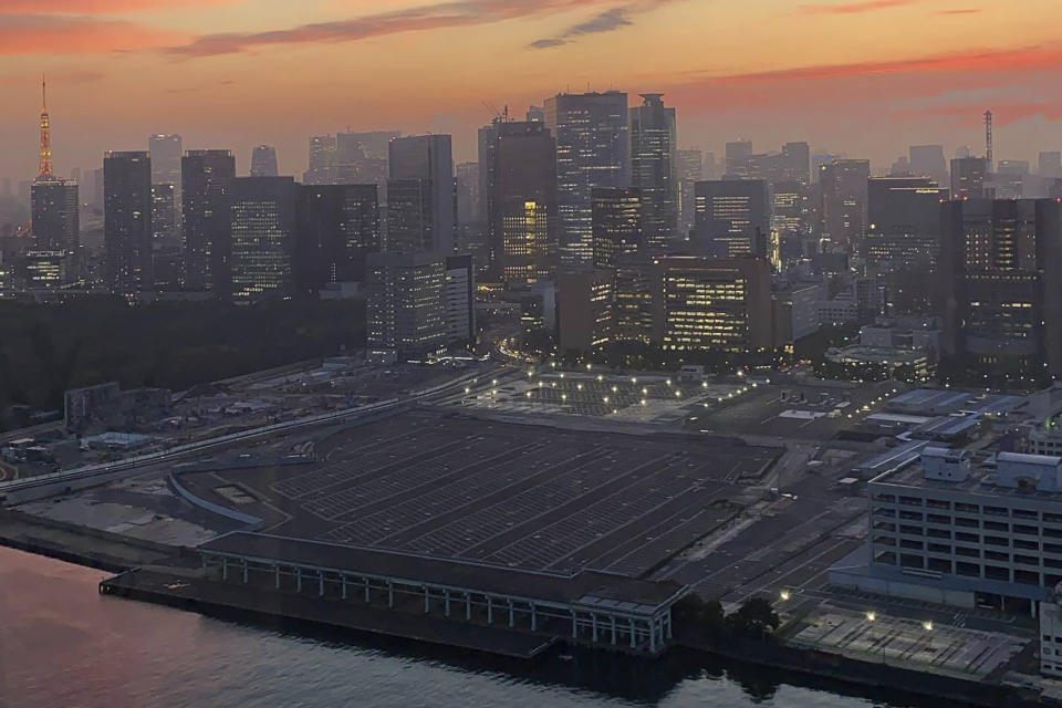 This photo shows the site of the former Tsukiji fish market in Tokyo on June 15, 2020. The site of Tokyo’s famed Tsukiji fish market, left empty after it was razed six years ago, will be replaced by a scenic waterfront stadium and glistening skyscrapers according to plans for its redevelopment that are facing some staunch opposition. (AP Photo/Yuri Kageyama)