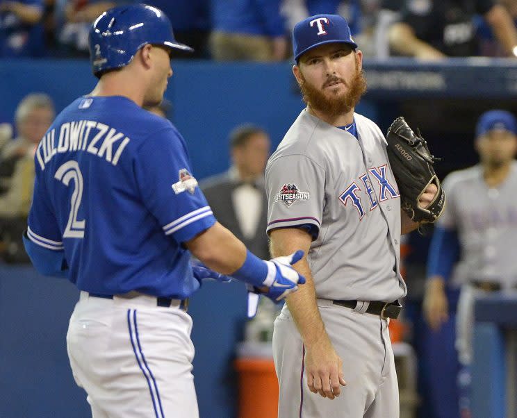 Sam Dyson wasn't happy after giving up Jose Bautista's go-ahead home run last year. (Getty Images/Fort Worth Star-Telegram)