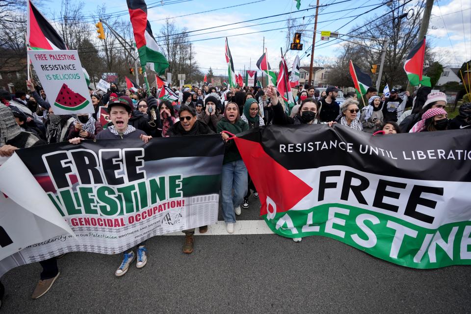 Thousands were on hand to protest a private event at Keter Torah Synagogue, in Teaneck where potential real estate investors could meet with real estate agents from Israel, Sunday, March 10, 2024. Protestors said they were selling stolen land. Juda Engelmayer (not shown), a spokesman for the synagogue, said no laws were being broken and if there were they would not host the event.