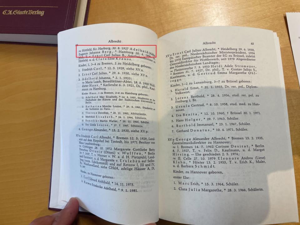 <span>Deutsches Geschlechterbuch,volume 187, p. 44. The red square was added by AFP. Photo taken by AFP on March 6, 2024</span><div><span>Rossen BOSSEV</span><span>AFP</span></div>