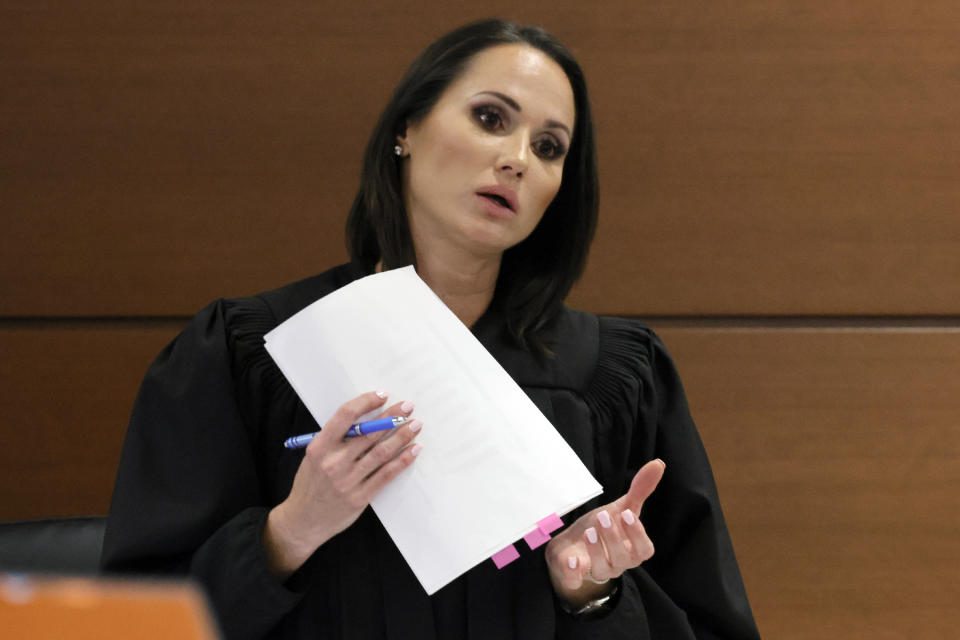 Judge Elizabeth Scherer is shown in court during the penalty phase of the trial of Marjory Stoneman Douglas High School shooter Nikolas Cruz at the Broward County Courthouse in Fort Lauderdale, Fla., Monday, Sept. 12, 2022. Cruz pleaded guilty to murdering 17 students and staff members in 2018 at Parkland's high school. The trial is only to determine if the 23-year-old is sentenced to death or life without parole. (Amy Beth Bennett/South Florida Sun-Sentinel via AP, Pool)
