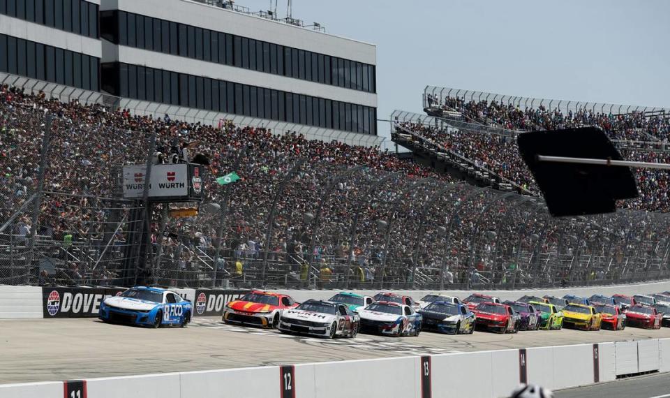 Apr 28, 2024; Dover, Delaware, USA; NASCAR Cup Series driver Kyle Busch (8) leads the field to the green flag to start the Wurth 400 at Dover Motor Speedway.