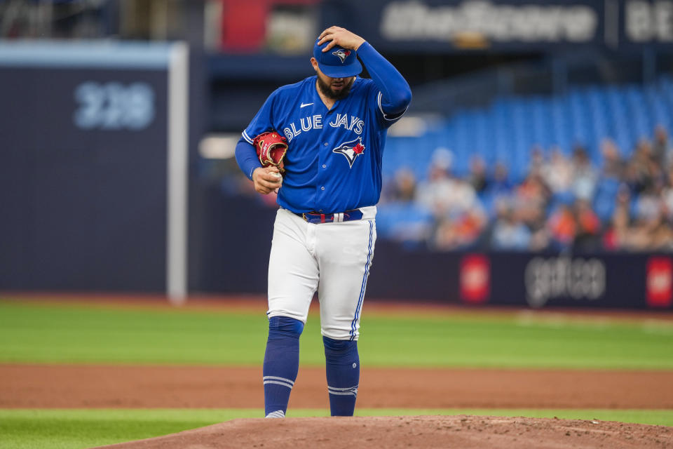 Toronto Blue Jays starting pitcher Alek Manoah (6) reacts on the mound while playing against the Houston Astros during the first inning of a baseball game, in Toronto, Monday, June 5, 2023. (Andrew Lahodynskyj/The Canadian Press via AP)