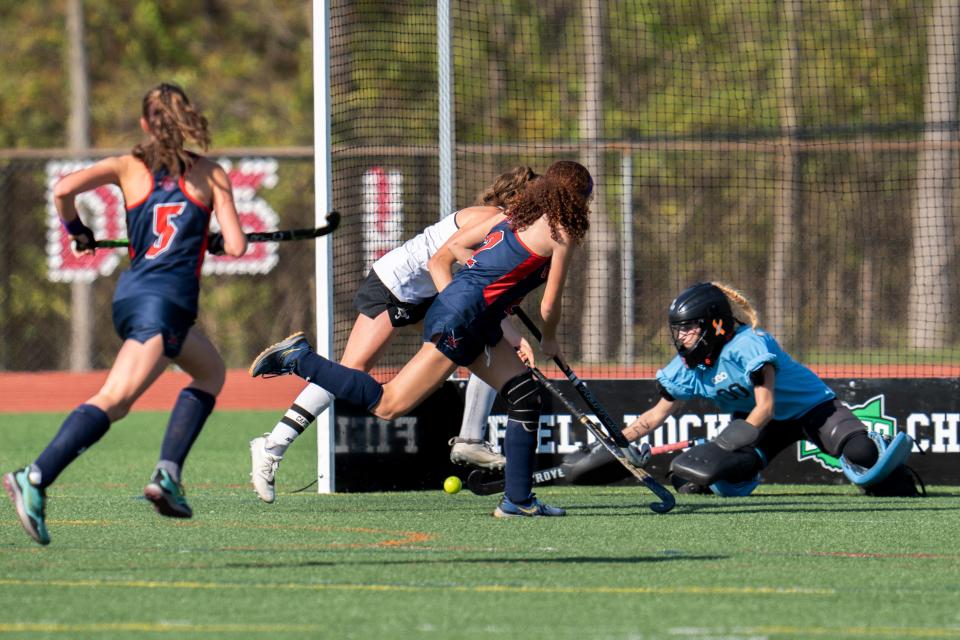 Thomas Worthington's Sophia Borghese scores the state-title winning goal Saturday against New Albany.