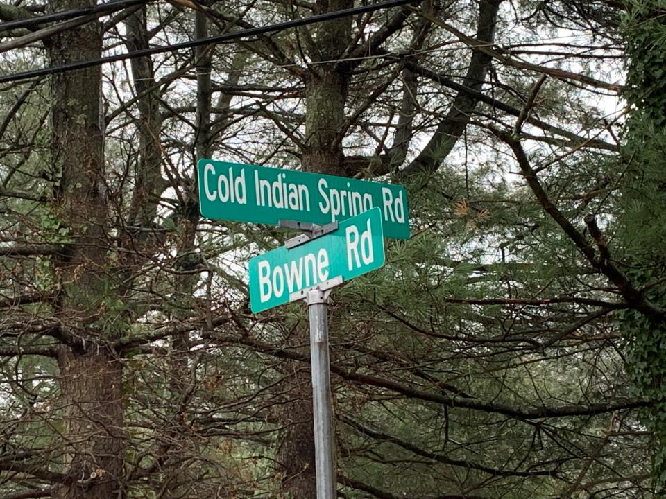 Street sign at the corner of Cold Indian Springs Road and Bowne Road where Ocean Township is eyeing a potential land purchase of six acres for open space.