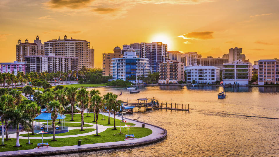 Sarasota, Florida, USA downtown skyline on the bay at sunrise.