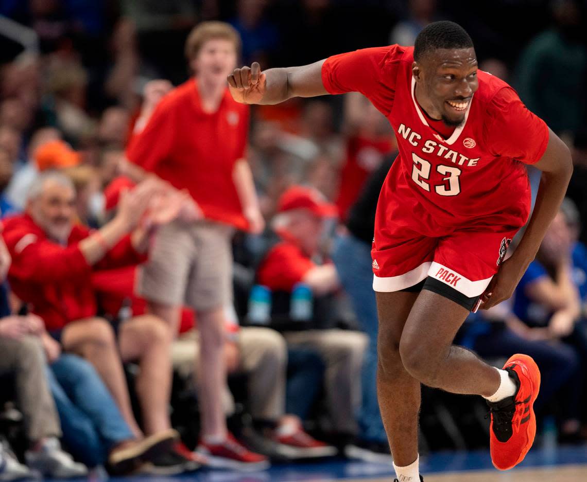 N.C. State’s Mohamed Diarra (23) reacts after scoring in the second half against Duke in the quarterfinals of the ACC Men’s Basketball Tournament at Capitol One Arena on Wednesday, March 13, 2024 in Washington, D.C