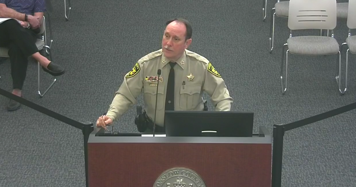 Onslow County Sheriff Chris Thomas presents items to the Board of Commissioners on Feb. 6.