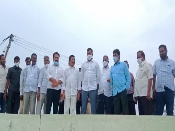 Andhra Pradesh Irrigation Minister Anil Kumar visits the Kandaleru reservoir in Rapur Mandal (Photo/ANI)