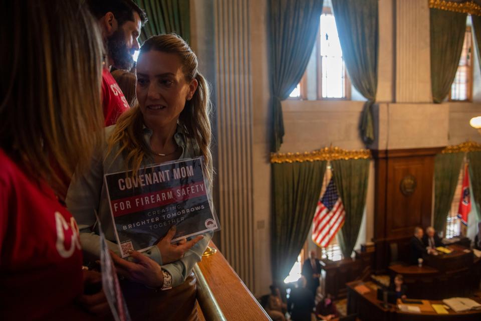 Melissa Alexander, Covenant parent, stands in the gallery, before Senate session at the State Capitol Building on Thursday, Aug. 24, 2023, in Nashville, Tenn.