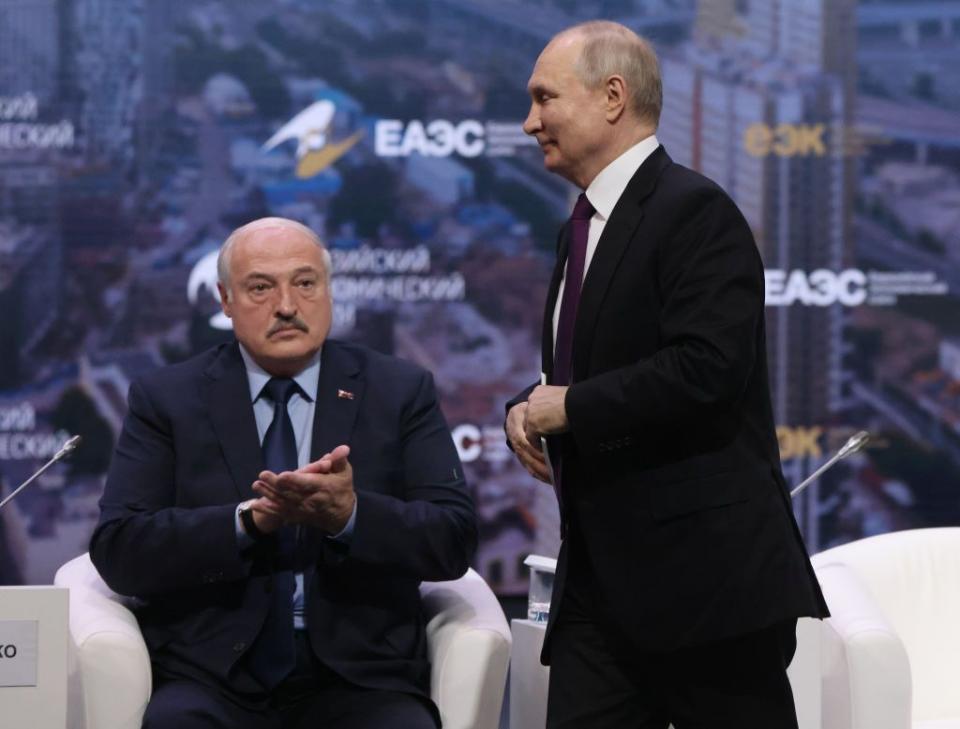 Russian President Vladimir Putin (R) and Belarusian President Alexander Lukashenko (L) seen during the 2nd Eurasian Economic Forum on May 24, 2023, in Moscow, Russia. (Photo by Contributor/Getty Images)