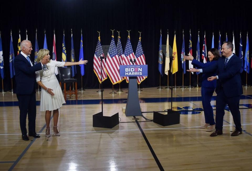 Joe Biden and Kamala Harris' first press conference together in Wilmington, Delaware, in 2020.