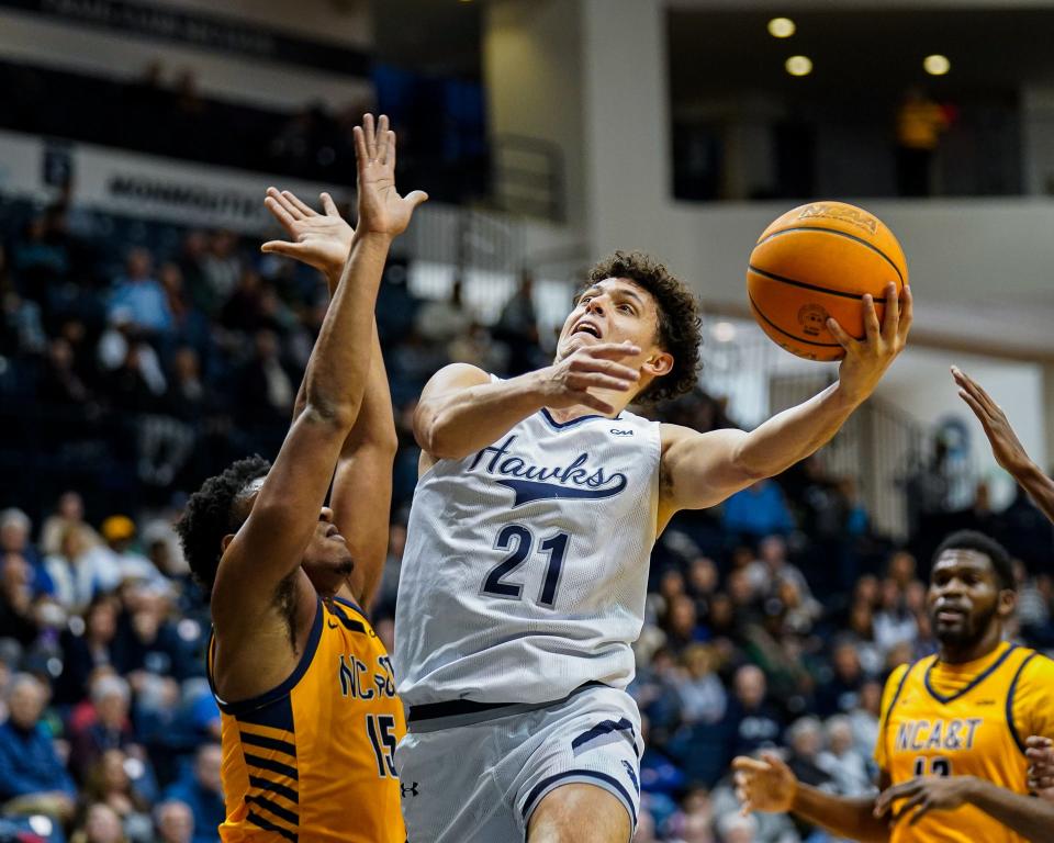 Monmouth's Xander Rice drives against North Carolina A&T on Feb. 24, 2024 in West Long Branch, N.J.