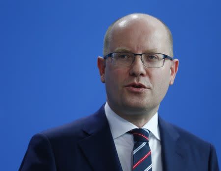 Czech Republic Prime Minister Bohuslav Sobotka speaks during the news conference at the Chancellery in Berlin, Germany, April 3, 2017. REUTERS/Hannibal Hanschke