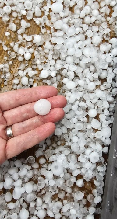 Severe hail an inch in diameter pelted parts of Columbus. (Photo courtesy Nancy Radke)