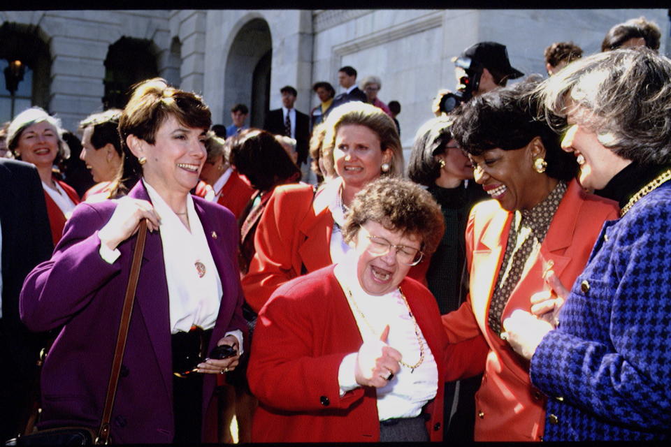 Senator Barbara Mikulski, Carol Moseley Braun, Pat Schroeder, celebrate on the steps of Congress. (Credit: Jeffrey Markowitz/Sygma via Getty Images)