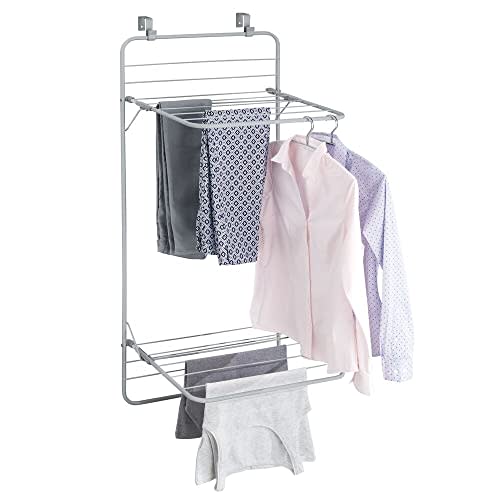 mDesign Steel Collapsible Over The Door, Hanging Laundry Dry Rack Clothes Organizer, 2 Tiers - for Indoor Air-Drying Clothing, Towels, Lingerie, Hosiery, Delicates - Folds Compact - Silver/Gray