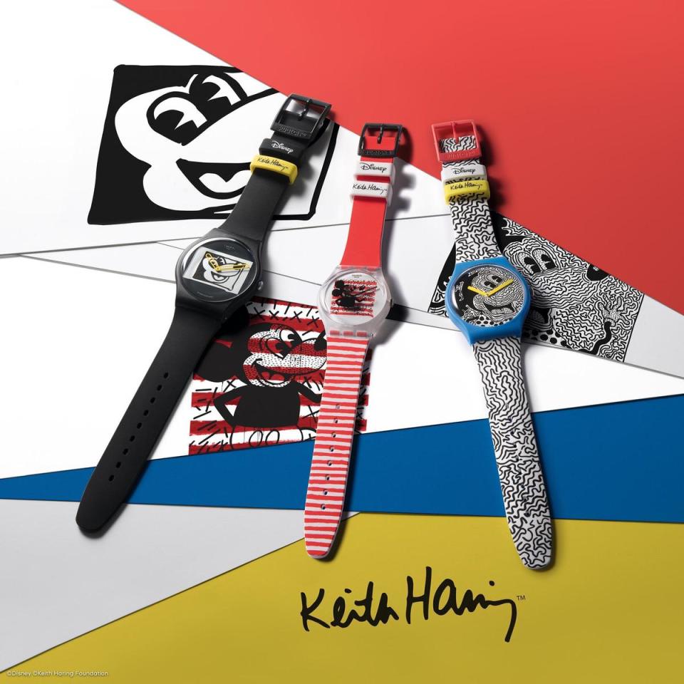 SWATCH Disney Mickey Mouse X Keith Haring聯名系列。三款作品分別為（左起）「黑白米奇」、「條紋米奇」與「電流米奇」，此外更有推出「電流米奇」SWATCH Maxi大錶版本，建議售價NT$3,150~15,750。