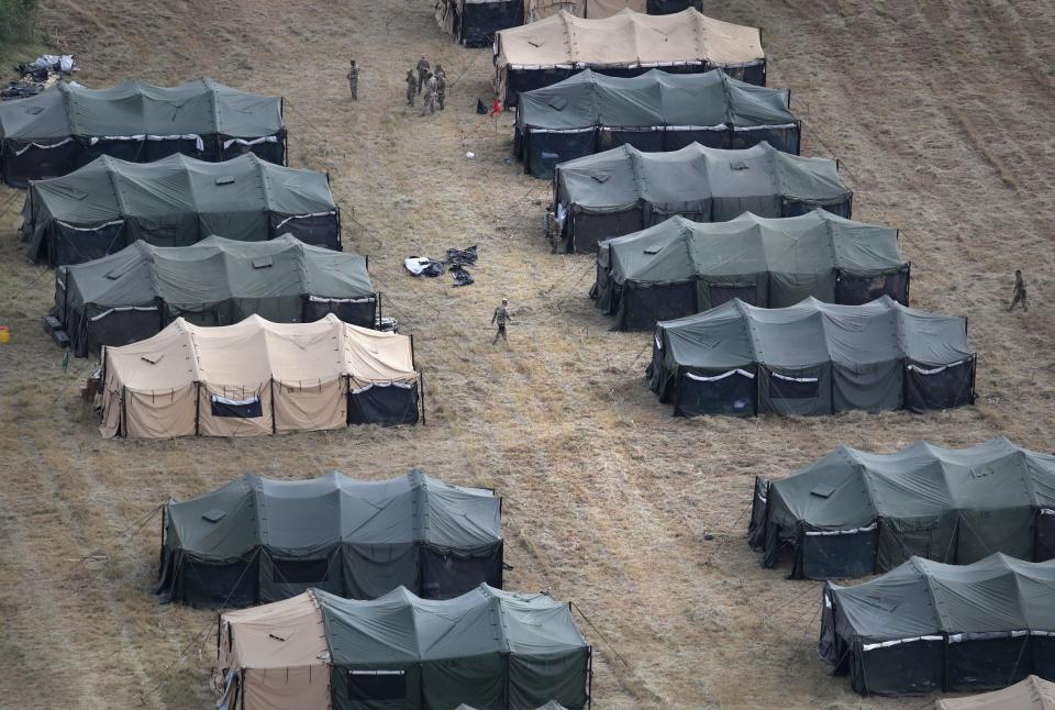 U.S. Army tents stand at a new military camp under construction at the U.S.-Mexico border on Nov. 7, 2018 in Donna, Texas.
