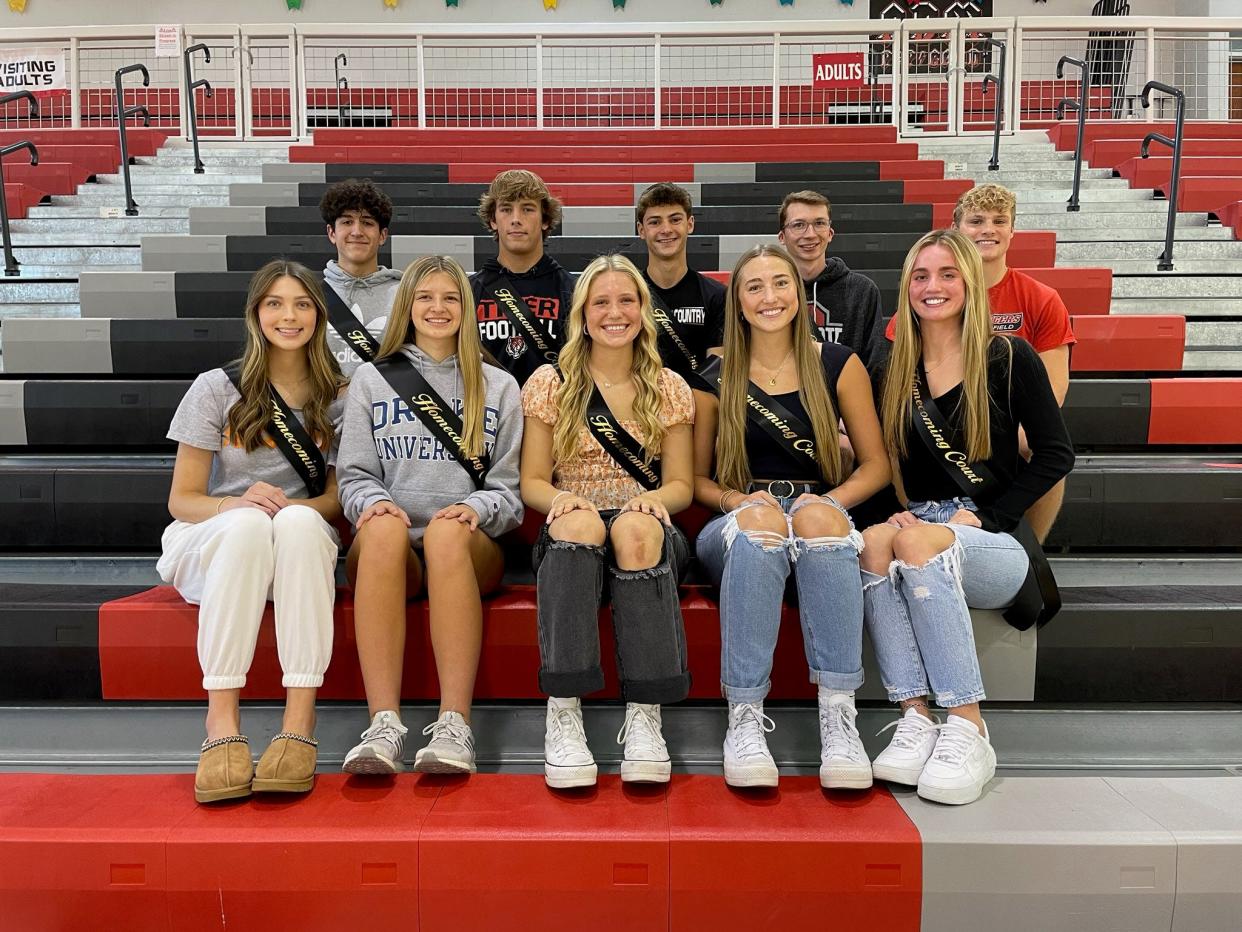 The 2023 ADM Homecoming Court includes, front row, from left, Tatum Schmitz, Celie Gardiner, Kaylee Smith, Marissa Gerleman, Makayla Crannel. Back row, Evan Vanorny (sitting in for his twin Mason who was gone,) Drew Hickey, Tom Hook, Ben Greth, Andrew Flora.