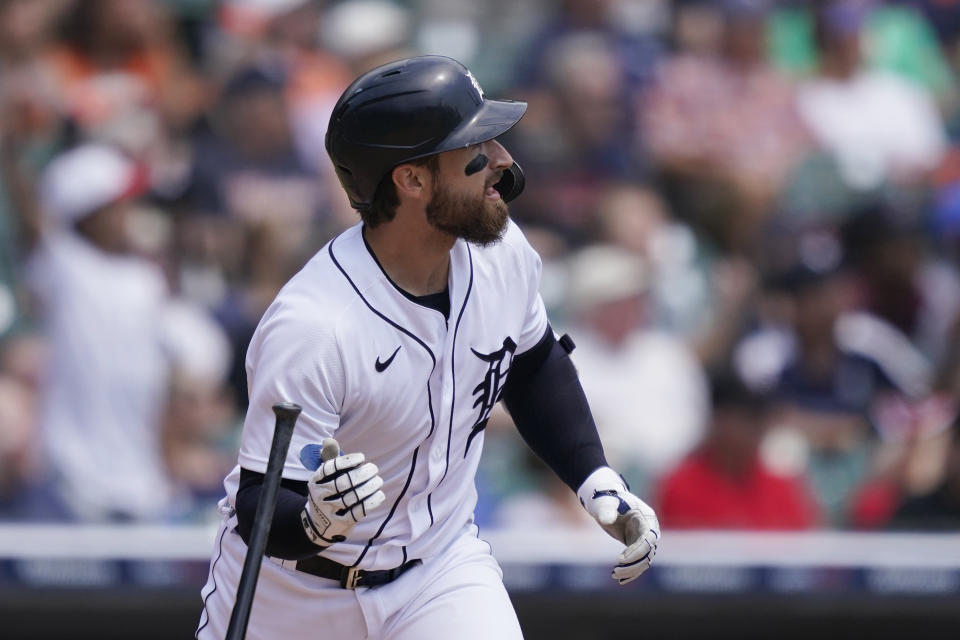 Detroit Tigers' Eric Haase watches his three-run home run to left field during the first inning of a baseball game against the Texas Rangers, Thursday, July 22, 2021, in Detroit. (AP Photo/Carlos Osorio)