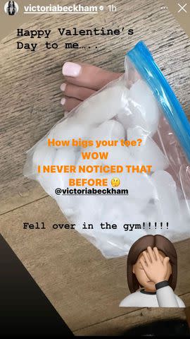 <p>David Beckham/Instagram </p> Victoria Beckham reveals she 'fell over in the gym' on Valentine's Day.