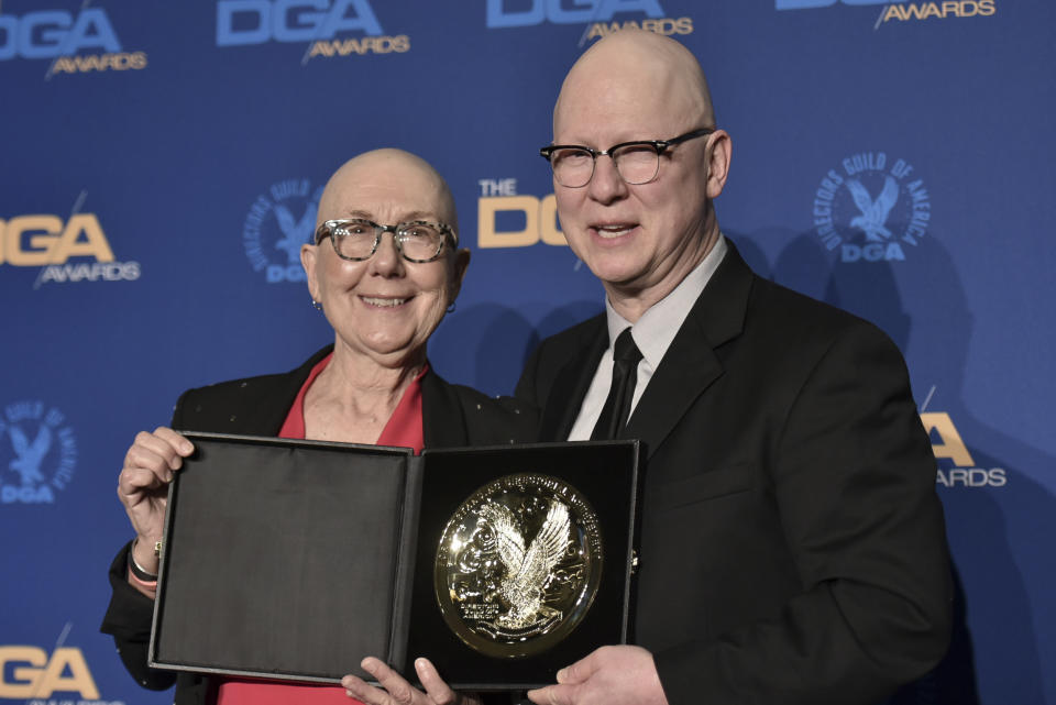 FILE - Julia Reichert, left, and Steven Bogner pose in the press room at the 72nd Annual Directors Guild of America Awards in Los Angeles on Jan. 25, 2020. Reichert, the Oscar-winning documentary filmmaker whose films explored themes of race, class and gender, often in the Midwest, died Thursday in Ohio from cancer, her family said Friday through a representative. She was 76. (Photo by Richard Shotwell/Invision/AP, File)