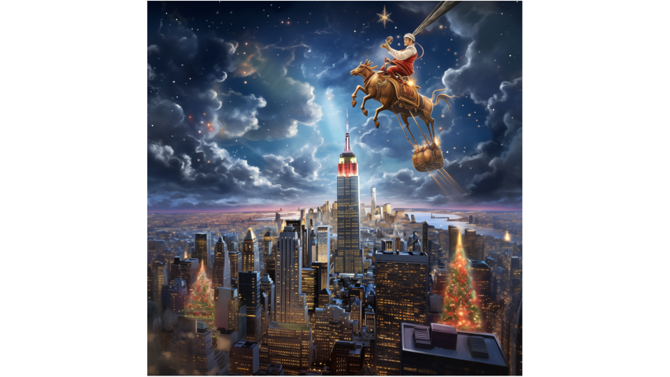 Santa arriving in the US, United States of America, New York city, riding directly on his reindeer