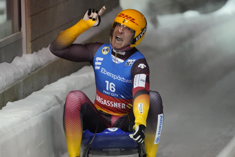 Germany's Felix Loch celebrates after competing in the men's singles at a World Cup luge event Friday, Dec. 16, 2022, in Park City, Utah. (AP Photo/Rick Bowmer)